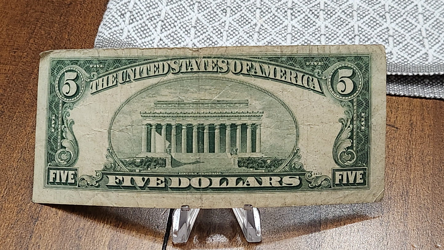 1953 B $5 Dollar Star Note Red Seal United States Note Avg condition