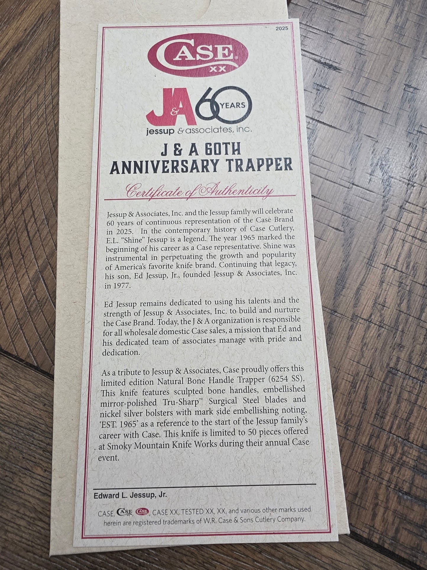 2025 Case XX Natural Bone Trapper - 60th Anniversary Ed Jessup Knife 1 of 50