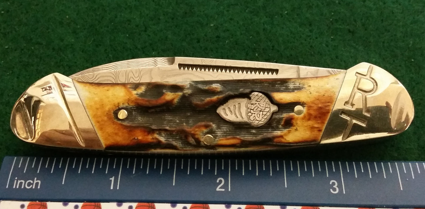 Rough Ryder RR2156 Couteau de canoë, Damas, manches de cerf en os de cannelle