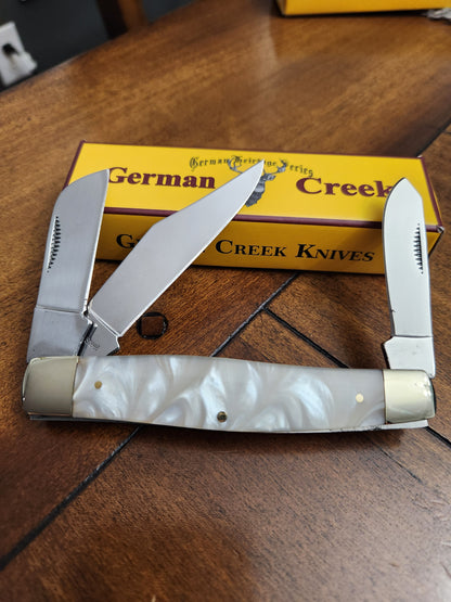 GERMAN CREEK 4 1/4" Grand couteau de poche Stockman à trois lames, manche en perle blanche NOUVEAU !!!