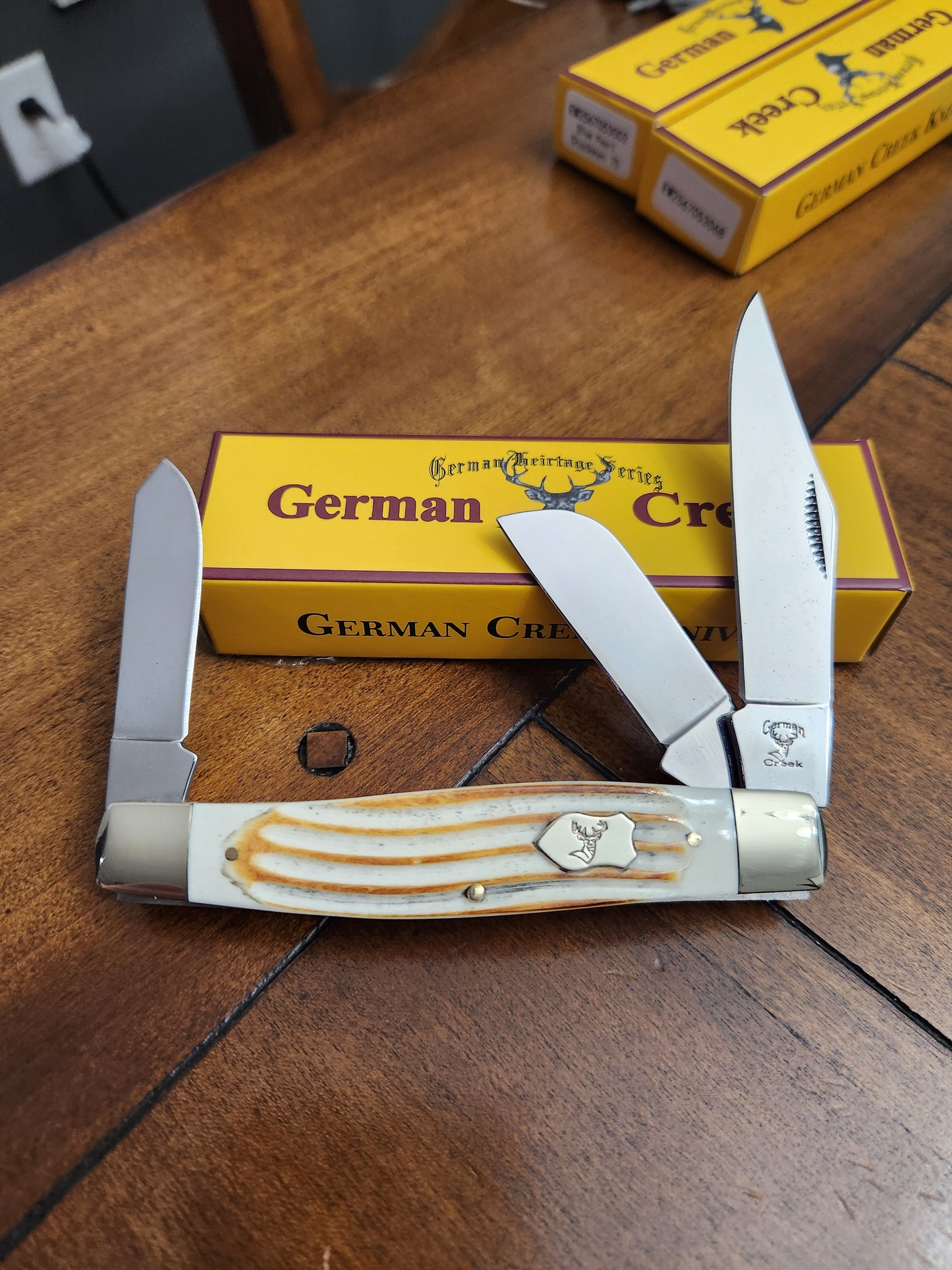 GERMAN CREEK 4 1/4" Grand couteau de poche Stockman à trois lames Burnt Jig White Bone NOUVEAU !!!