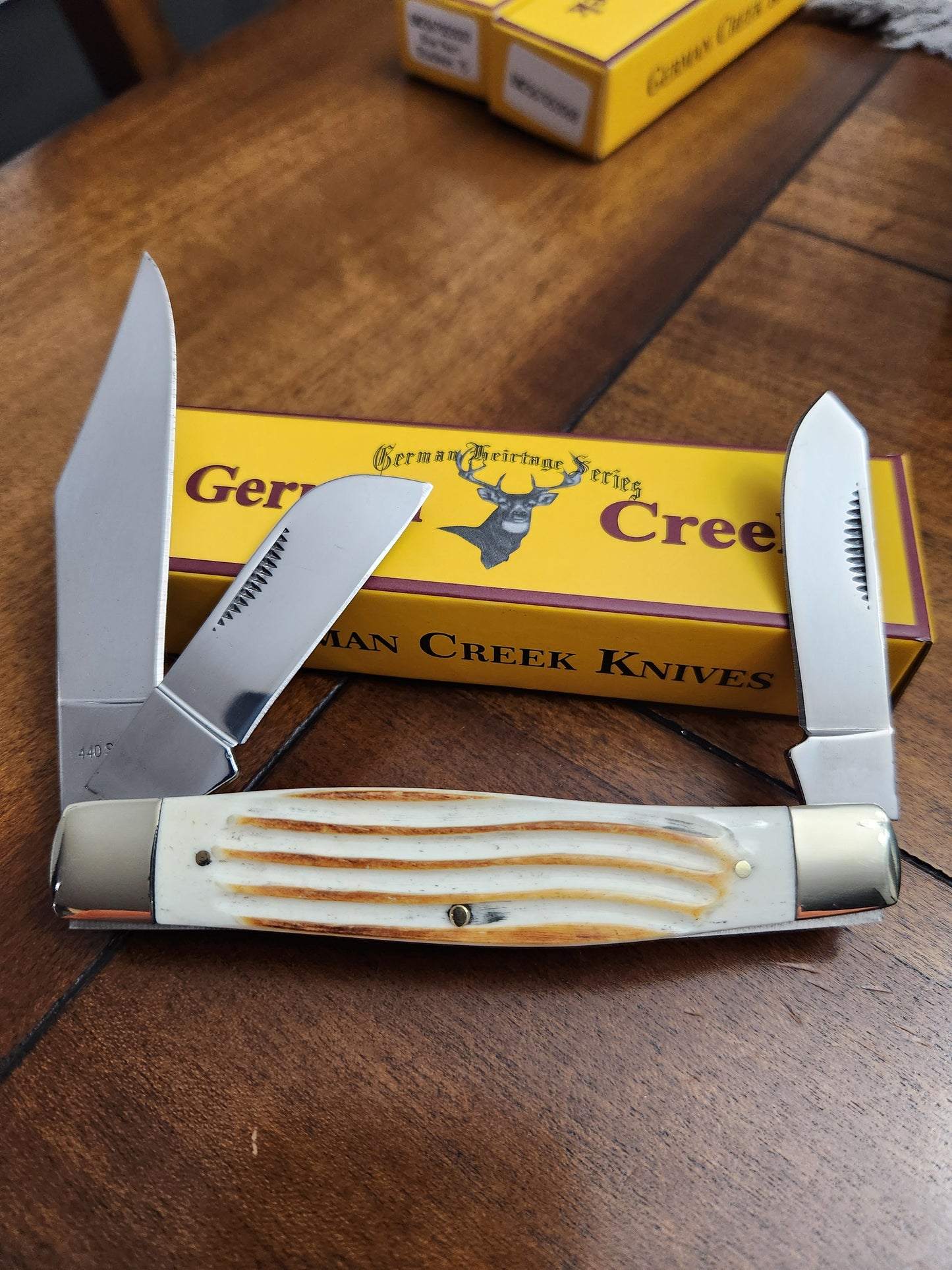 GERMAN CREEK 4 1/4" Large Stockman Pocket Knife Three Blade Burnt Jig White Bone NEW!!!