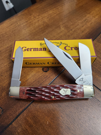 GERMAN CREEK 4 1/4" Grand couteau de poche Stockman à trois lames avec manche en os jiggé brun NOUVEAU !!!