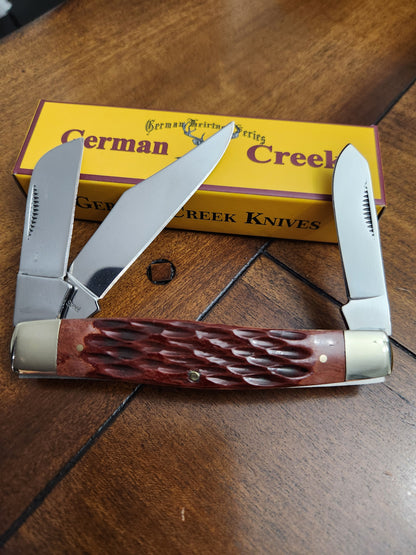 GERMAN CREEK 4 1/4" Grand couteau de poche Stockman à trois lames avec manche en os jiggé brun NOUVEAU !!!