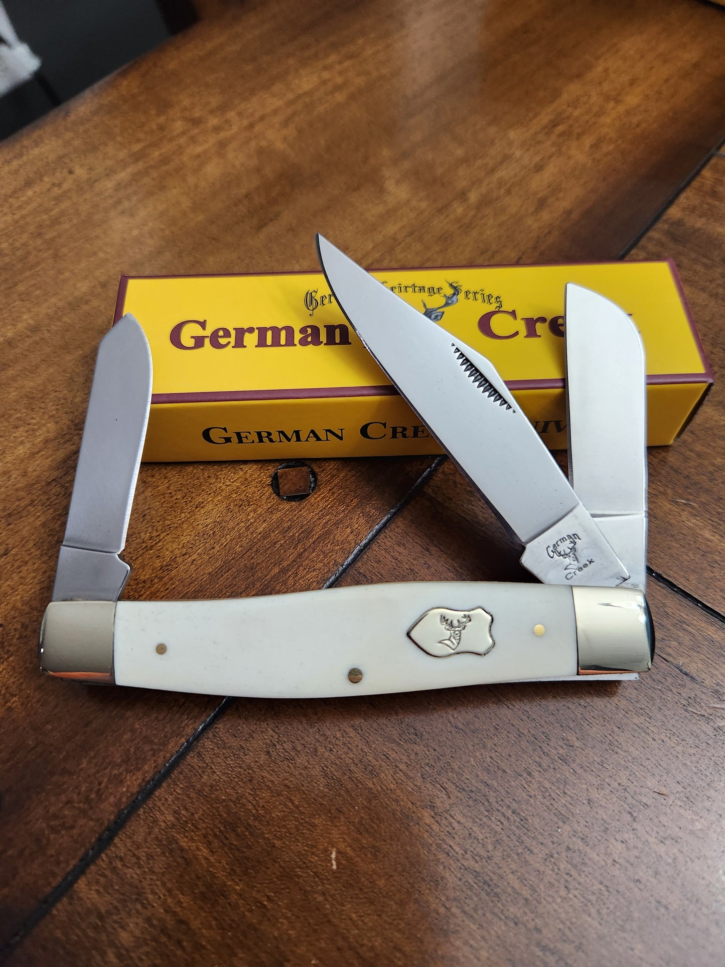 GERMAN CREEK 4 1/4" Grand couteau de poche Stockman à trois lames manche en os blanc NOUVEAU !!!