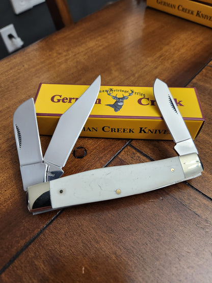 GERMAN CREEK 4 1/4" Grand couteau de poche Stockman à trois lames manche en os blanc NOUVEAU !!!