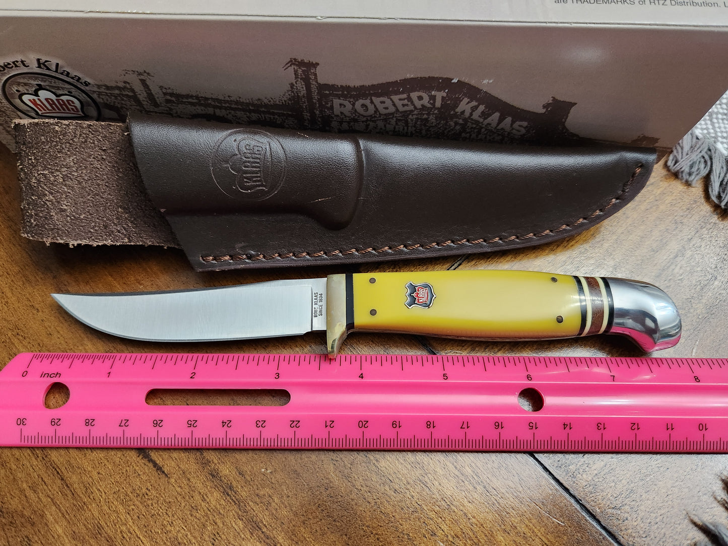 Robert Klaas Yellow Fixed Blade knife with Leather Molded sheath Hunting Knife #78 KC0378