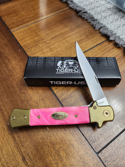 Tiger-USA 5" Stiletto Knife Pink Pearloid Handles Assisted Open IT-28-GD-PK