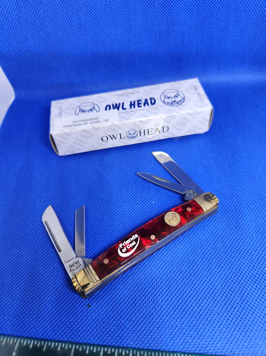 Owl Head 3.5" 4 Blade Congress Red Pearloid Handles Friends of Coal OH7056CERD-W