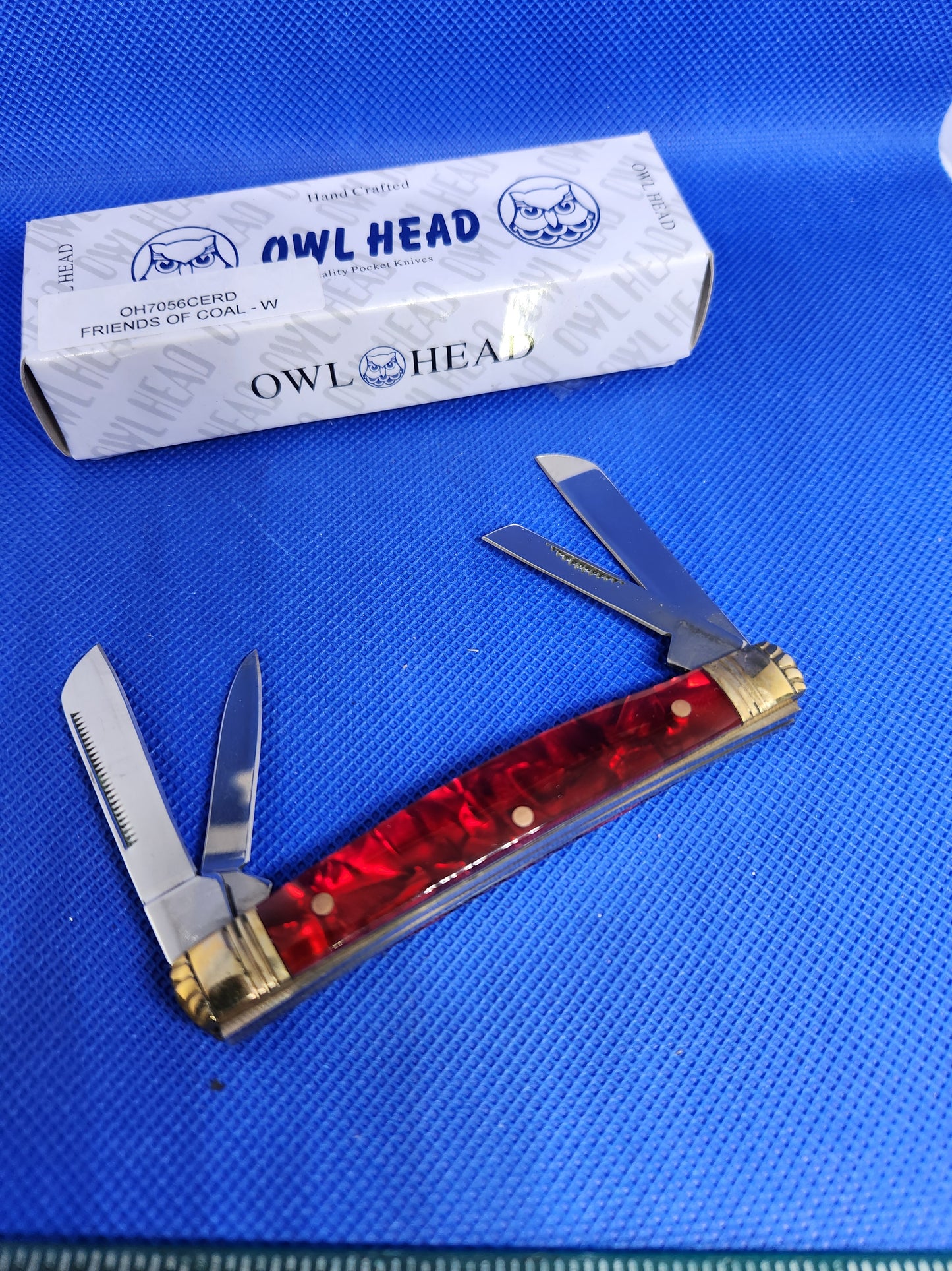 Owl Head 3.5" 4 Blade Congress Red Pearloid Handles Friends of Coal OH7056CERD-W