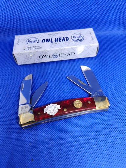 Owl Head 3.75" 4 Blade Congress Red Pearloid Handles KENTUCKY COAL MINER OH7042CERD