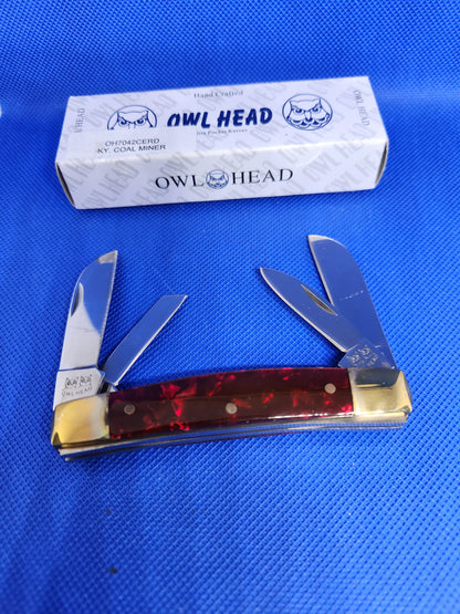 Owl Head 3.75" 4 Blade Congress Red Pearloid Handles KENTUCKY COAL MINER OH7042CERD