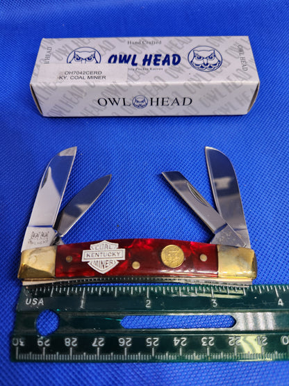 Owl Head 3.75" 4 Blade Congress Red Pearloid Handles KENTUCKY COAL MINER OH7042CERD