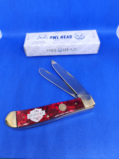 Owl Head 4.25" 2 Blade Trapper Red Pearloid Handles KENTUCKY COAL MINER OH7040CERD