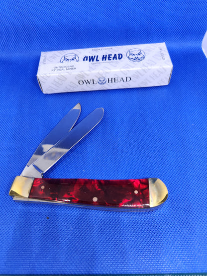 Owl Head 4.25" 2 Blade Trapper Red Pearloid Handles KENTUCKY COAL MINER OH7040CERD