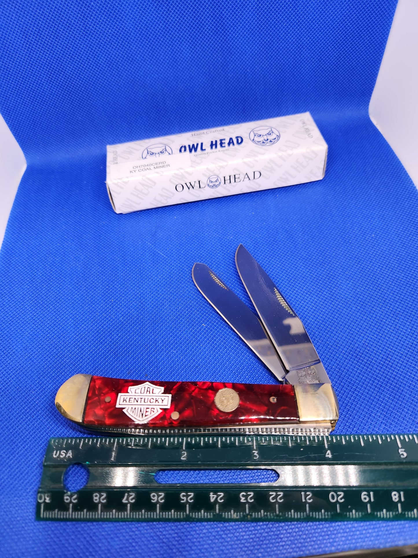 Owl Head 4.25" 2 Blade Trapper Red Pearloid Handles KENTUCKY COAL MINER OH7040CERD