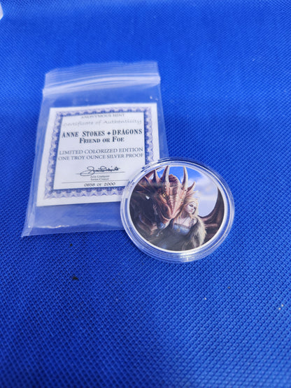 Anne Stokes Dragons - Friend or Foe - 1oz. .999 Fine Silver limited colorized edition