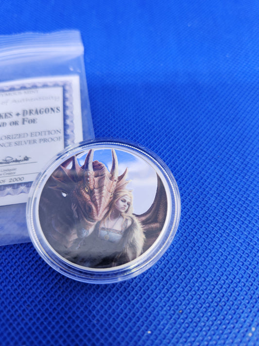 Anne Stokes Dragons - Friend or Foe - 1oz. .999 Fine Silver limited colorized edition