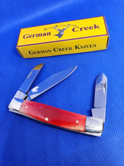 GERMAN CREEK 3 3/4" Couteau de poche Stockman à trois lames en os rouge lisse NOUVEAU