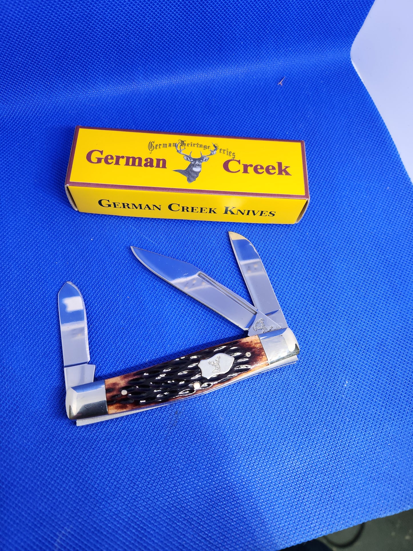 GERMAN CREEK 3 3/4" Stockman Pocket Knife Three Blade Brown Jig Bone handle