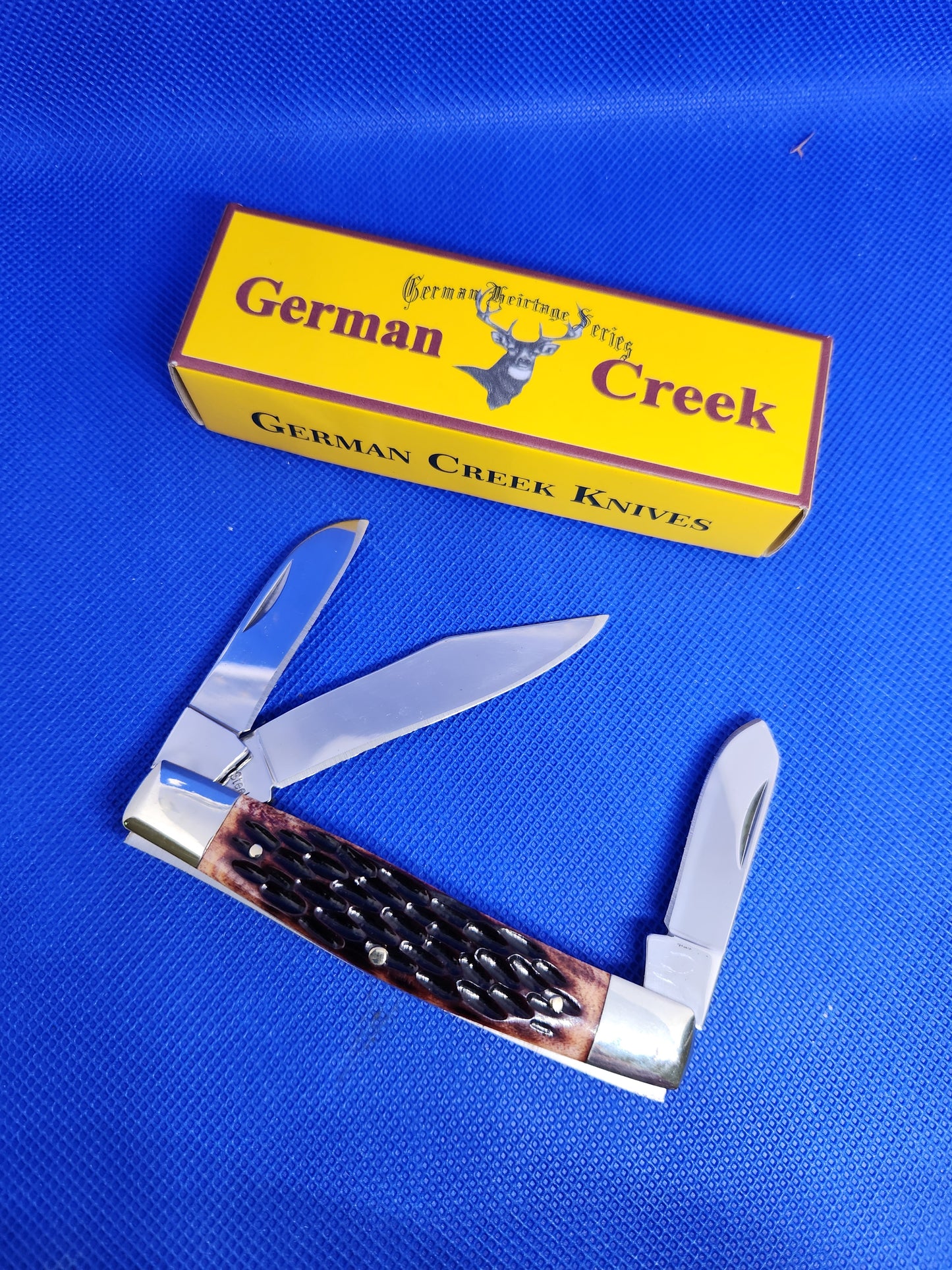 GERMAN CREEK 3 3/4" Stockman Pocket Knife Three Blade Brown Jig Bone handle