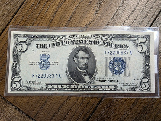 1934 B $5 Dollar Blue Seal Silver Certificate