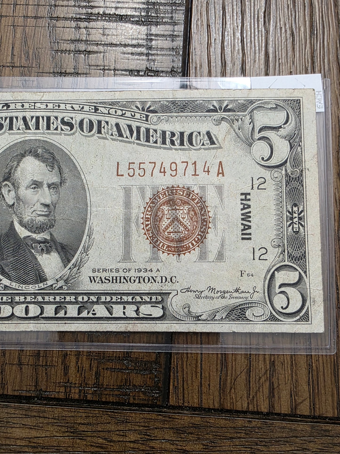 1934A $5 Hawaii FRN Emergency Note - Nice Condition