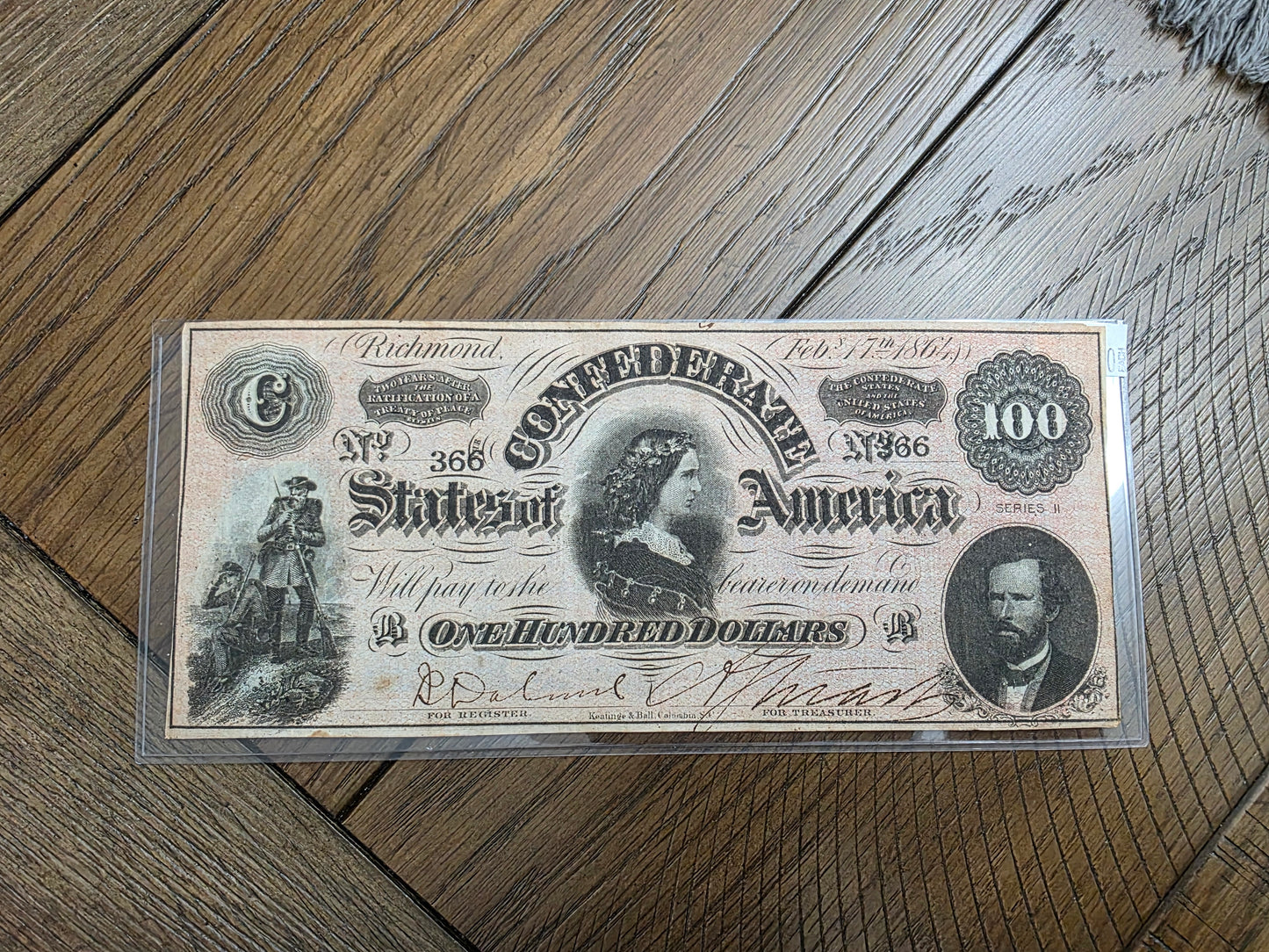 1864 Series 2 $100 CSA Note Confederate States of America VG Condition