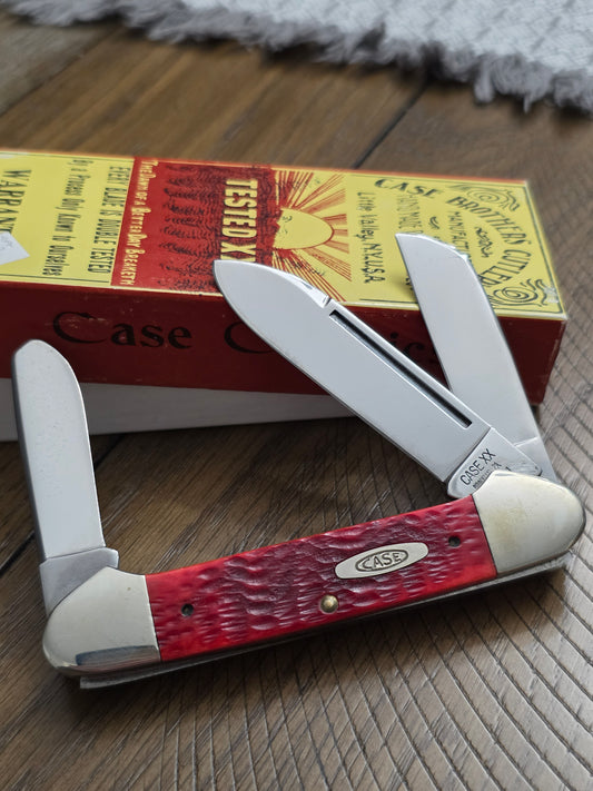 1991 Case XX Classic 6394 Gun Boat Canoe 3 Blade Red Jig Bone Handle