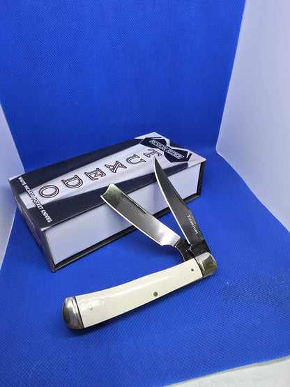 Rough Ryder - Tuxedo Razor Trapper - White Micarta with Black Liners - RR2667