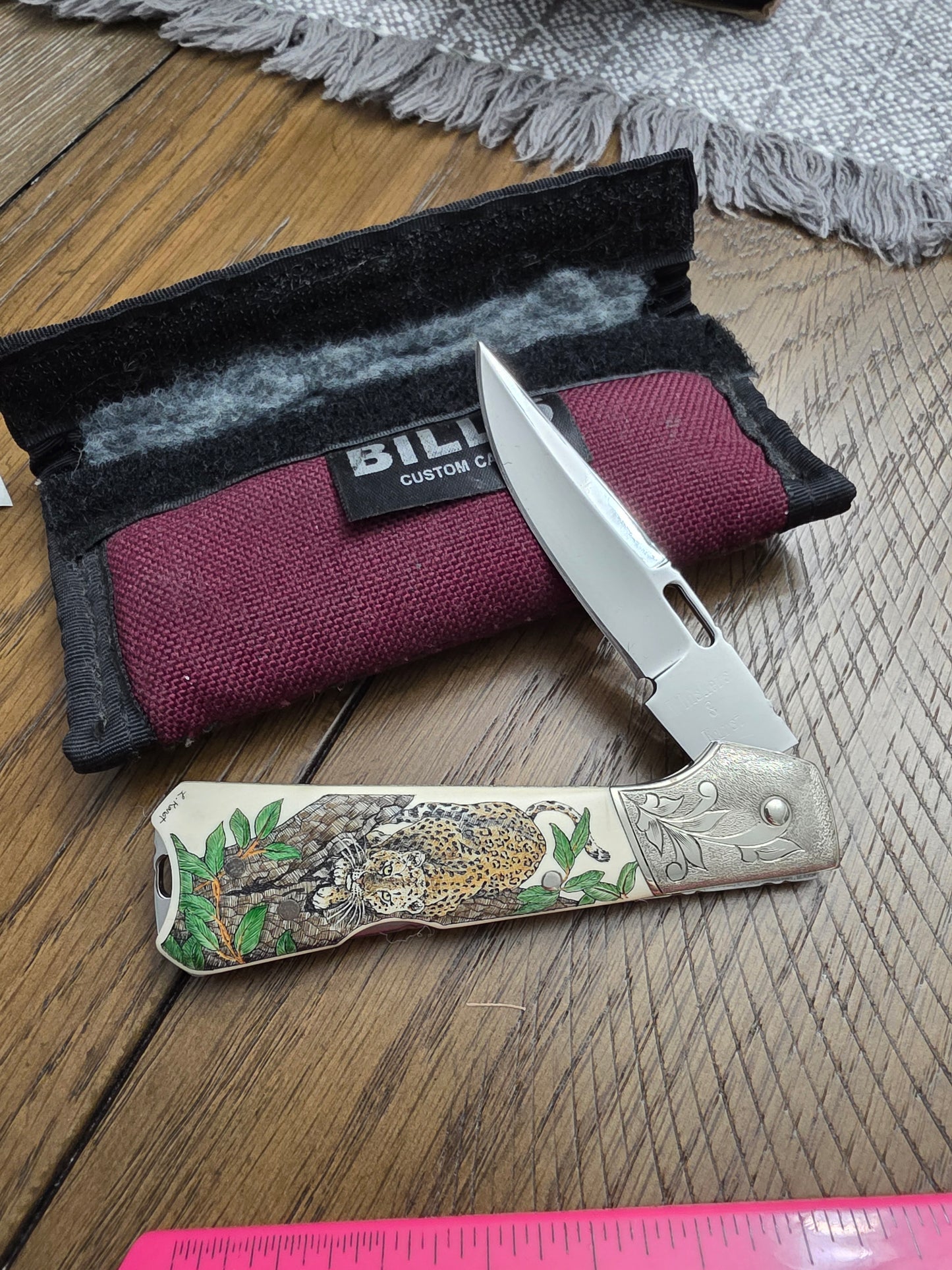 Whiskers & Karst Lockback with Leopard Scrolled Handle with Pouch