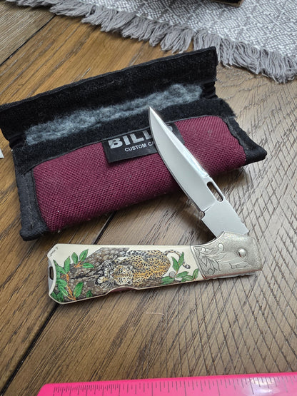 Whiskers & Karst Lockback with Leopard Scrolled Handle with Pouch