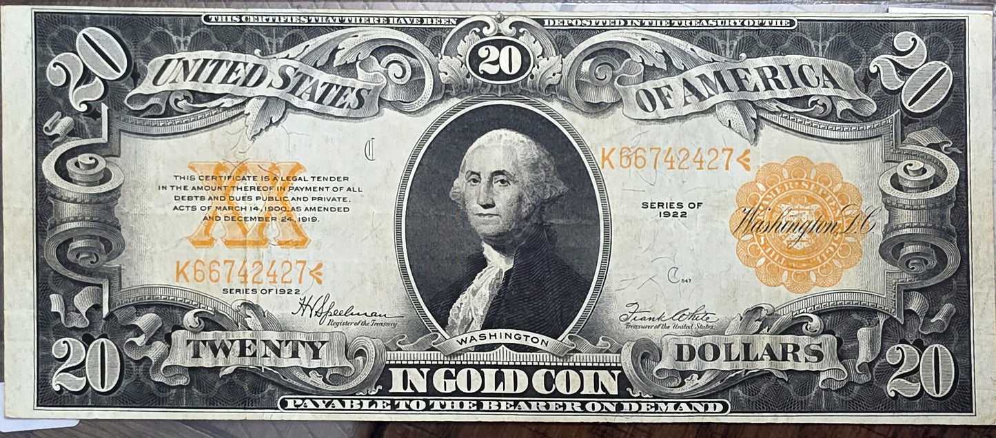 1922 $20 Gold Certificate Large Note - Very Good Shape