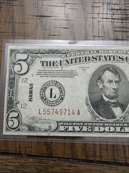 1934A $5 Hawaii FRN Emergency Note - Nice Condition