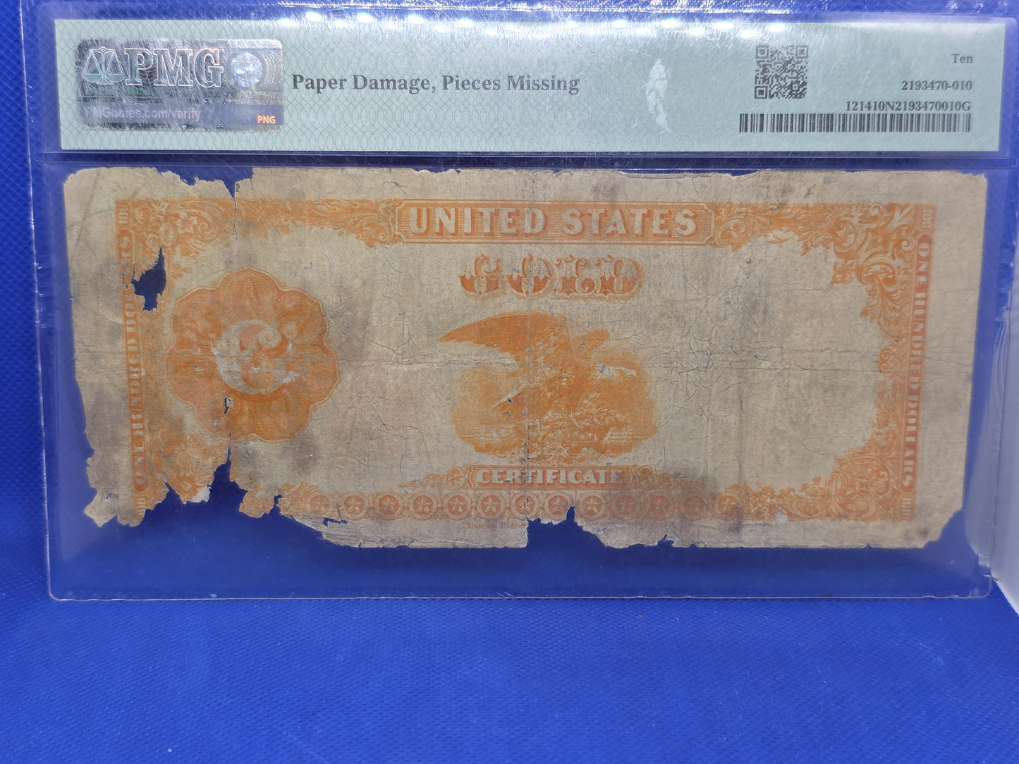 1882 $100 Gold Certificate Graded 10 VG PMG FR#1214