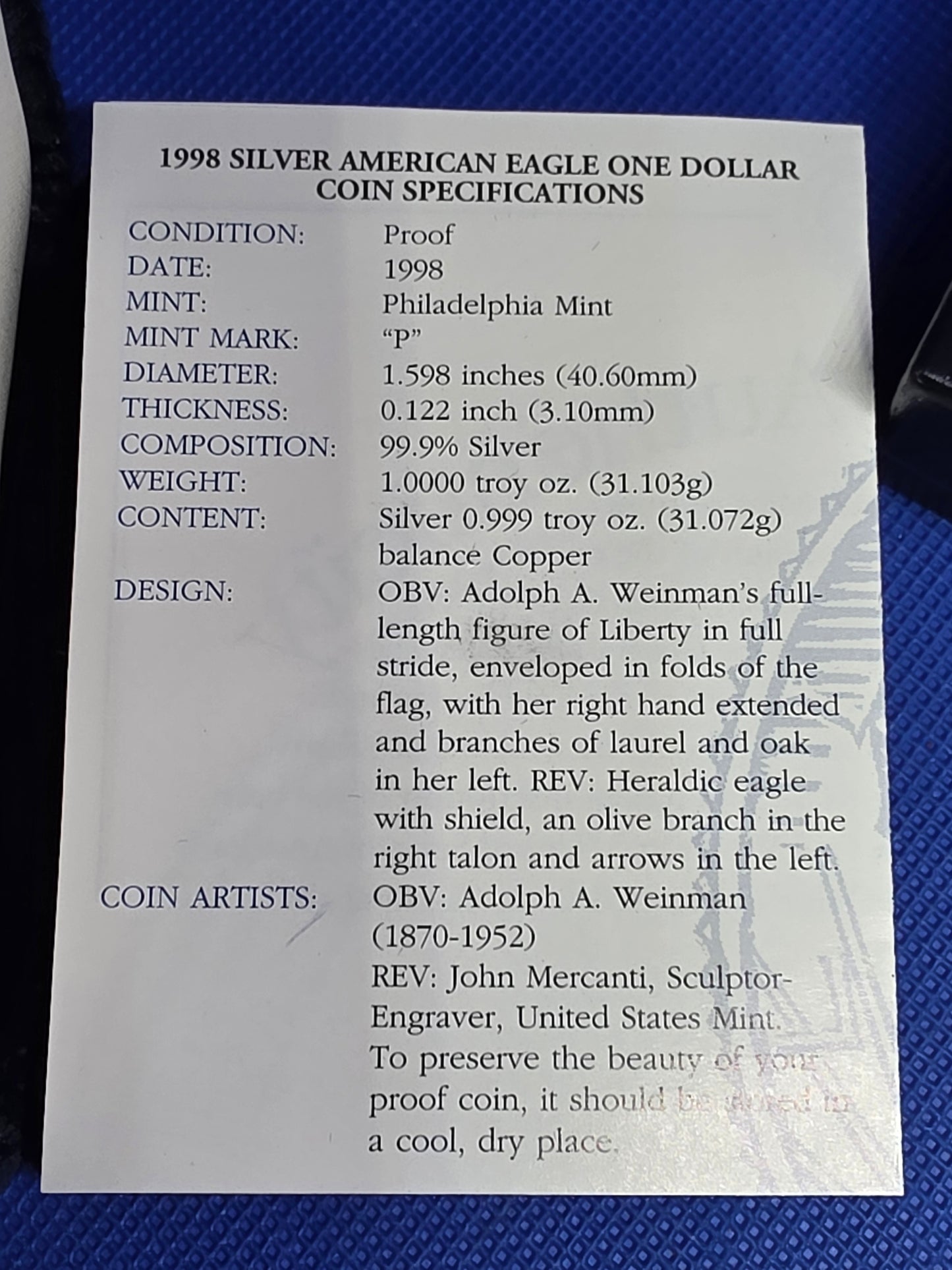 1998 SAE Proof Silver American Eagle $1 New in Box