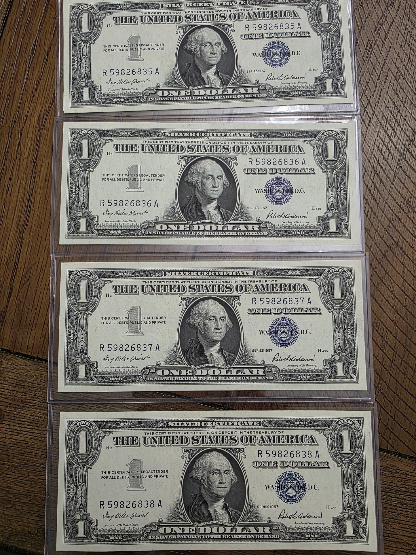 4 Consecutive $1 Dollar Blue Seal Silver Certificate 1957 Uncirculated Condition