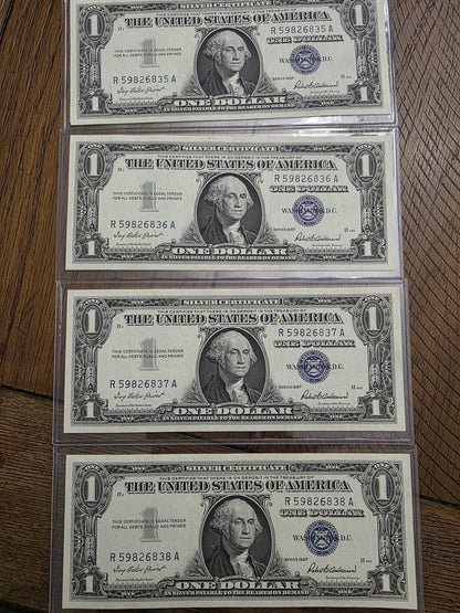 4 Consecutive $1 Dollar Blue Seal Silver Certificate 1957 Uncirculated Condition