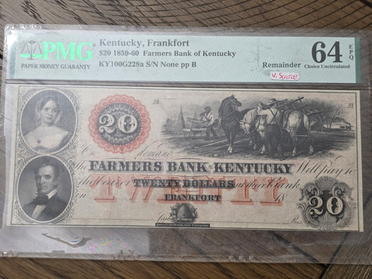 Kentucky, Frankfort $20 1859-60 Farmers Bank of Kentucky PMG 64 Choice Uncirculated