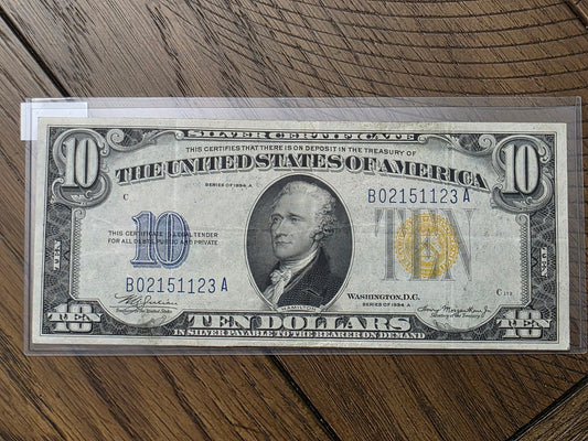 1934A Series $10 Silver Certificate Yellow Seal Fine Condition