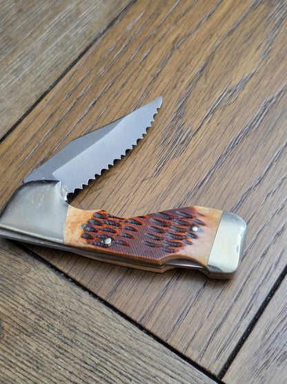 Vintage Frost Choctaw Jigged Bone Fully Serrated Lockback - Japan