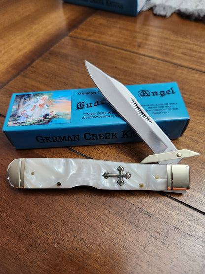 Guardian Angel Lock Back Cheetah Knife White Pearl Handles 4 3/8" EM25670520068