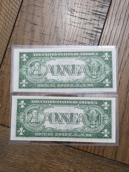 1935A Series $1 Hawaii Emergency Note 2 Consecutive SN# Uncirculated