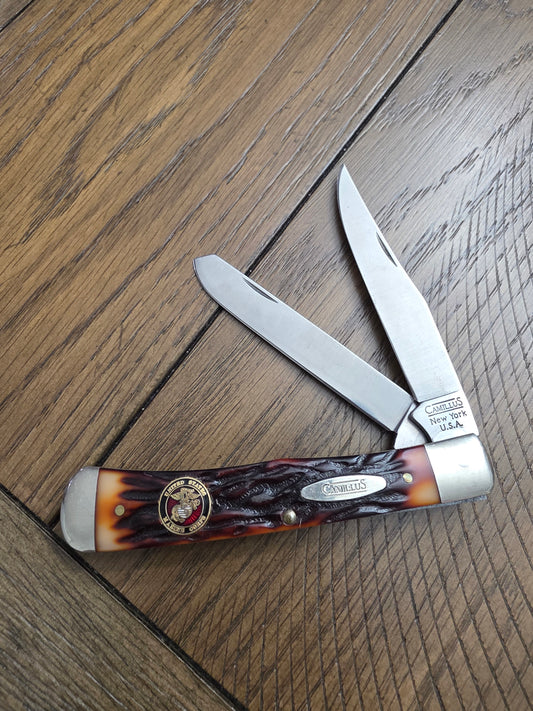 Camillus Trapper USA Made Trapper Stagalon Handles Unused Knife US Marines Shield
