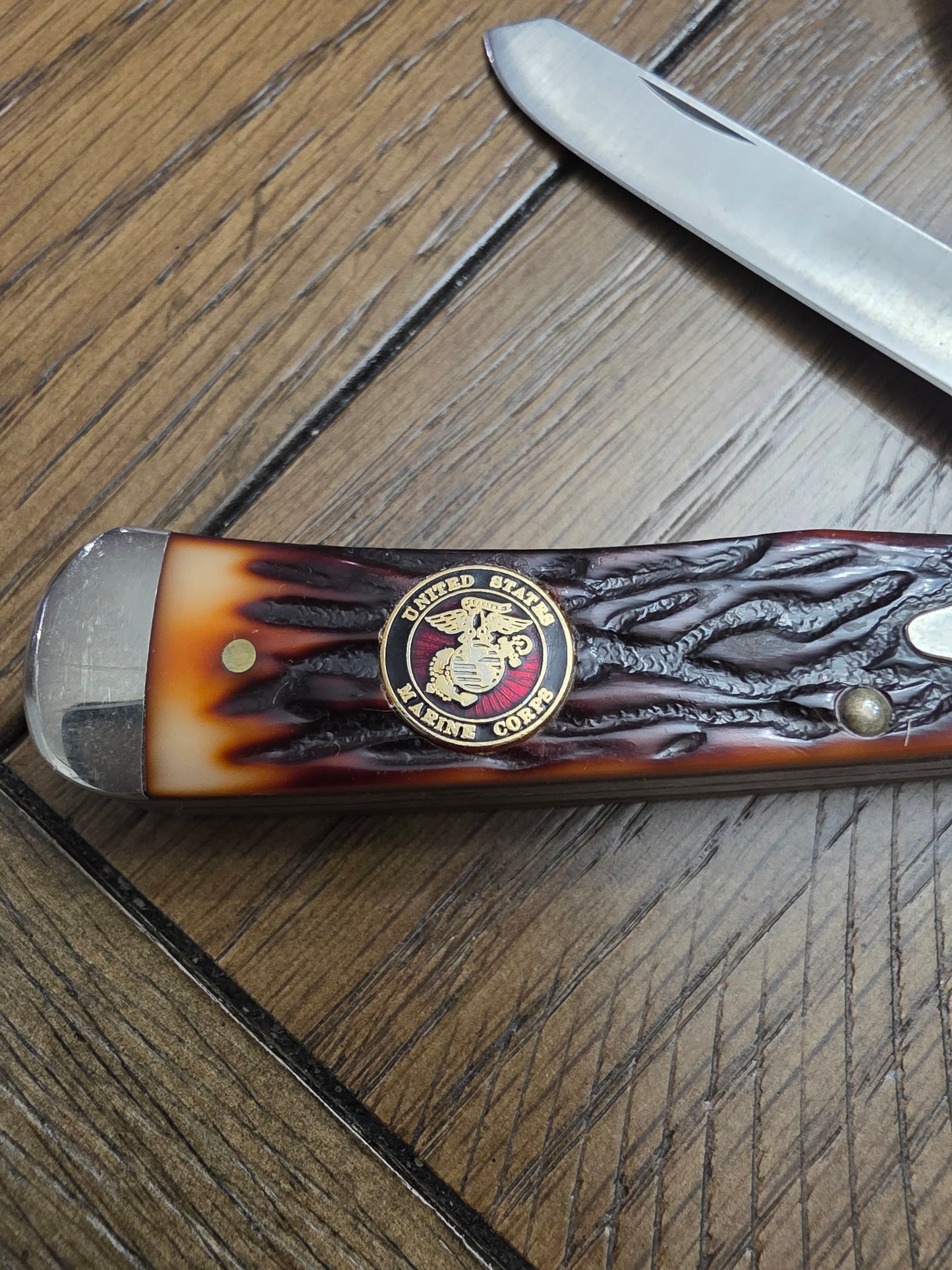 Camillus Trapper USA Made Trapper Stagalon Handles Unused Knife US Marines Shield