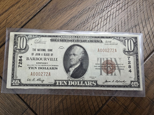 1929 Series $10 Bank Note of Barbourville Kentucky National Bank of John A. Black