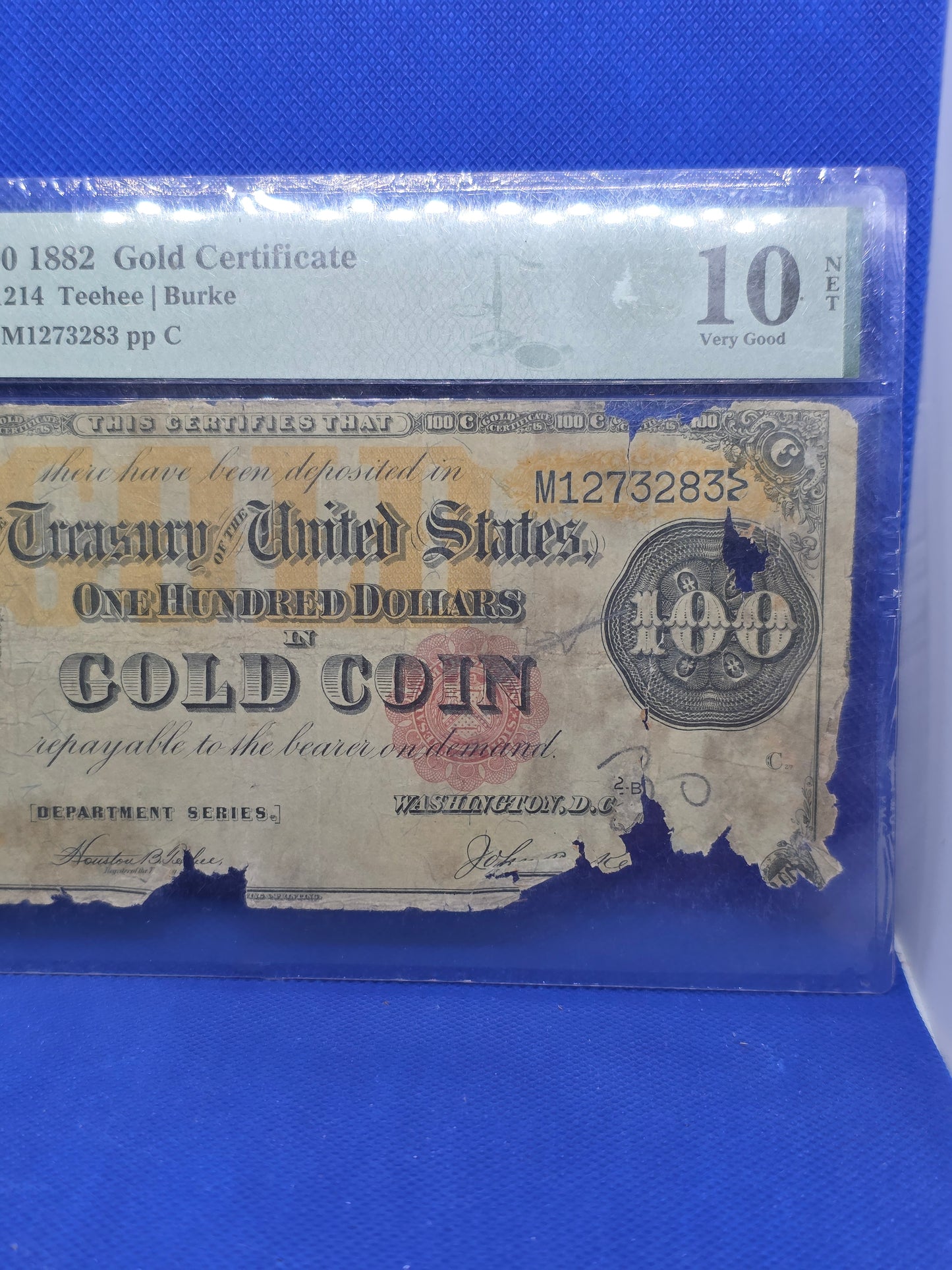 1882 $100 Gold Certificate Graded 10 VG PMG FR#1214
