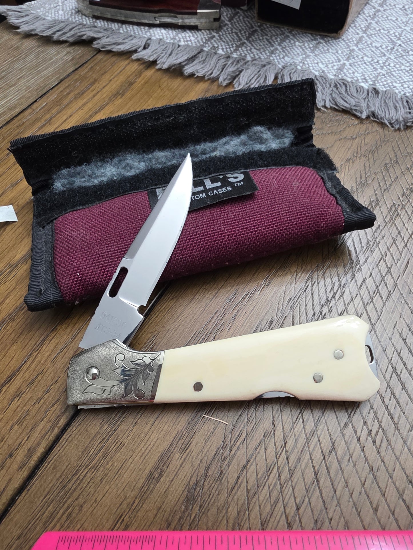 Whiskers & Karst Lockback with Leopard Scrolled Handle with Pouch