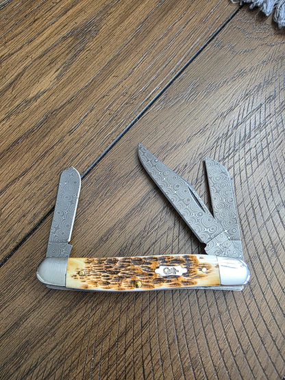 2017 Case XX Raindrop Damascus Burnt Amber Bone 6347DAM Medium Stockman