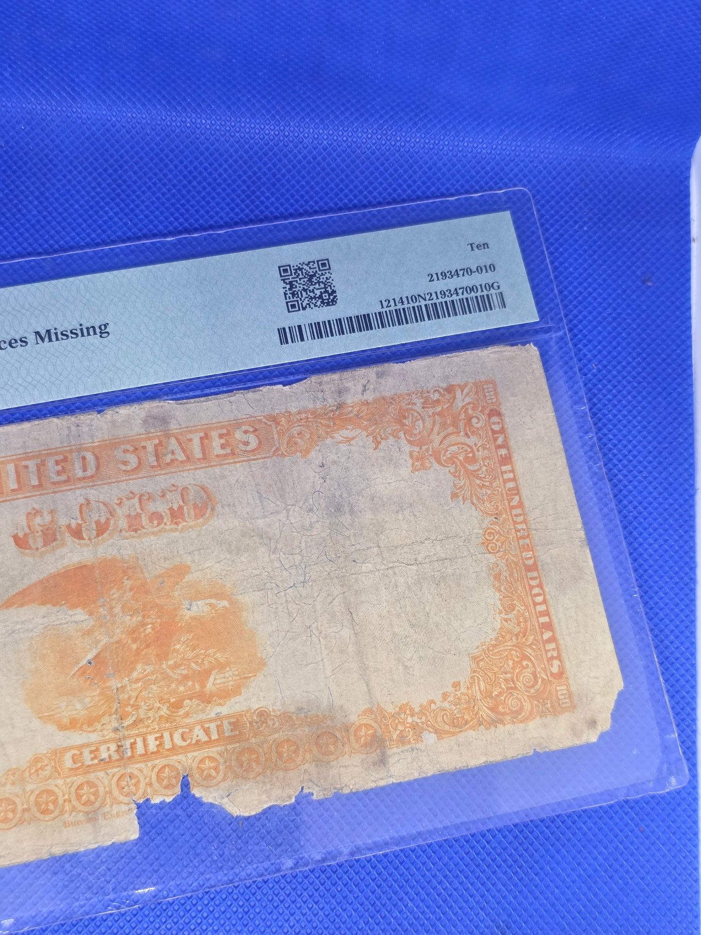 1882 $100 Gold Certificate Graded 10 VG PMG FR#1214